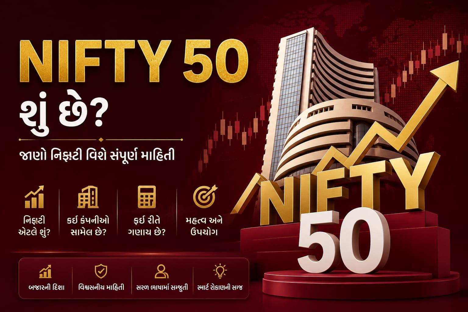 NIFTY 50 શું છે, તેમાં કેટલી કંપનીઓ છે, NIFTYની ગણતરી કેવી રીતે થાય છે, NIFTY અને SENSEX વચ્ચેનો તફાવત અને રોકાણ વિશે સંપૂર્ણ માહિતી.