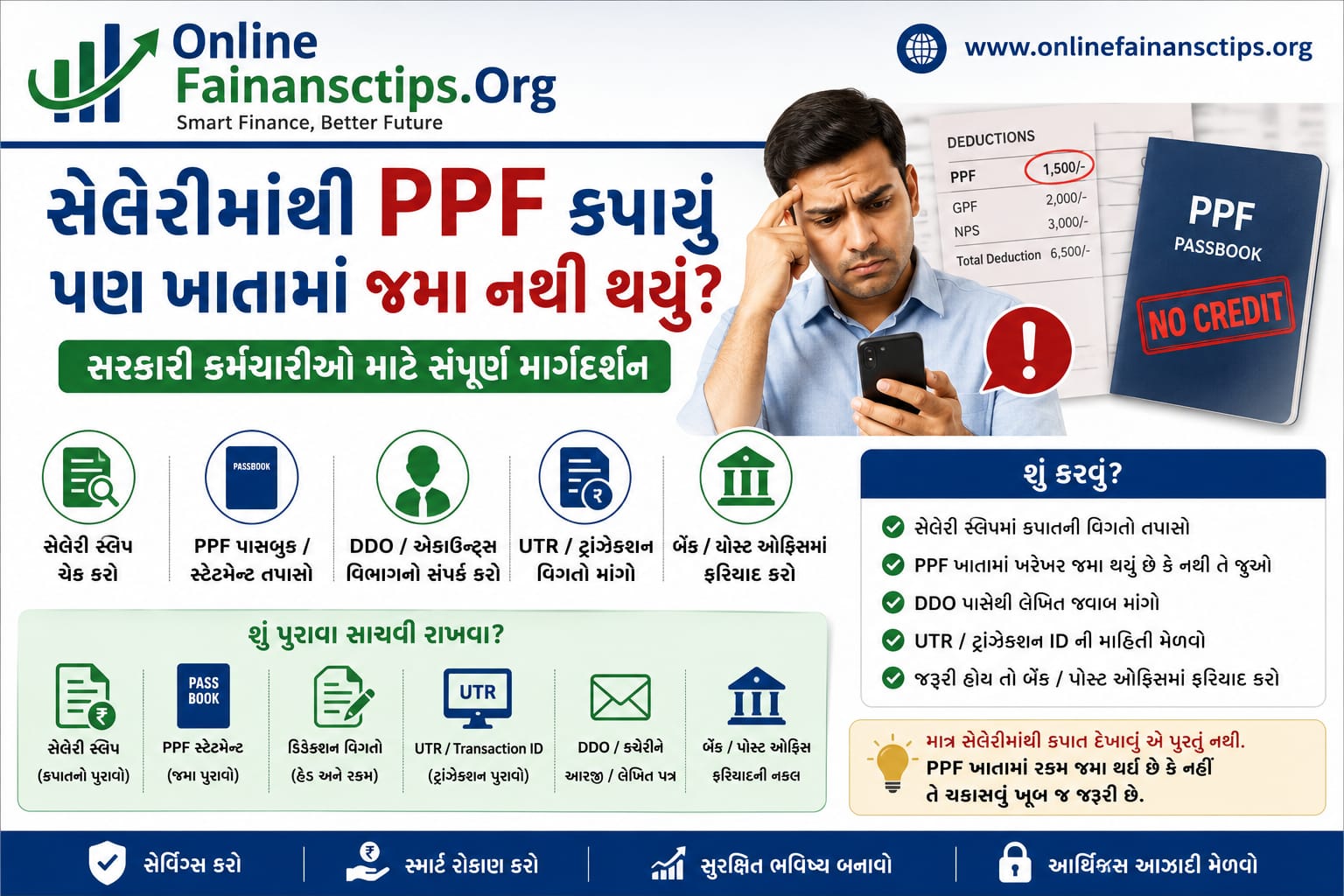 સેલેરીમાંથી PPFની રકમ કપાઈ પરંતુ PPF ખાતામાં જમા ન થઈ હોય તો સરકારી કર્મચારીએ શું કરવું? Salary Slip, Statement, DDO, UTR અને ફરિયાદની સંપૂર્ણ માહિતી.